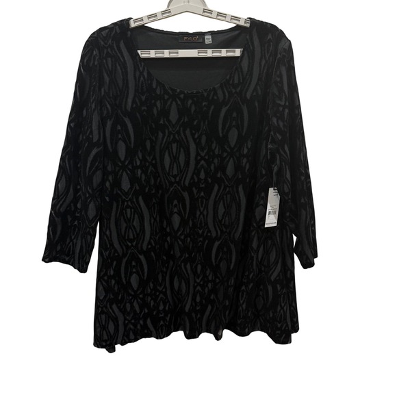FYLO Tops - FYLO Womens Black‎ Burnout Velvet Abstract Scoop Neck 3/4 Sleeve Top XL 824177C